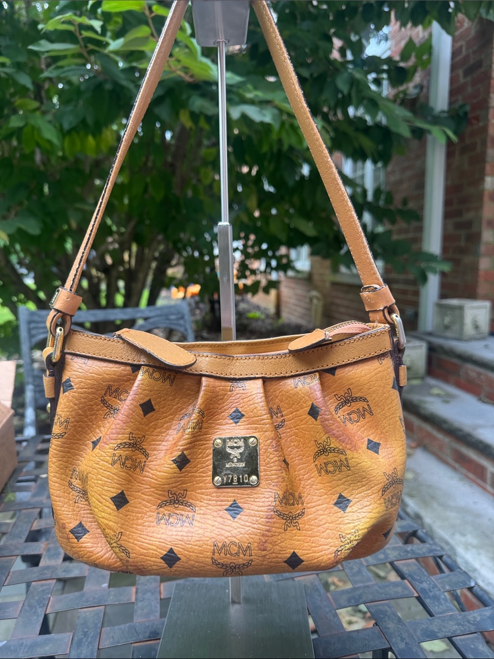 MCM Tan Visetos Monogram Shoulder Bag with Gold Plate
